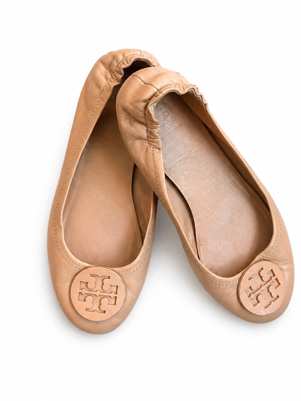 Tory Burch ‘Light Oak’ Soft Nappa Leather Logo Minnie Travel Ballet Flats